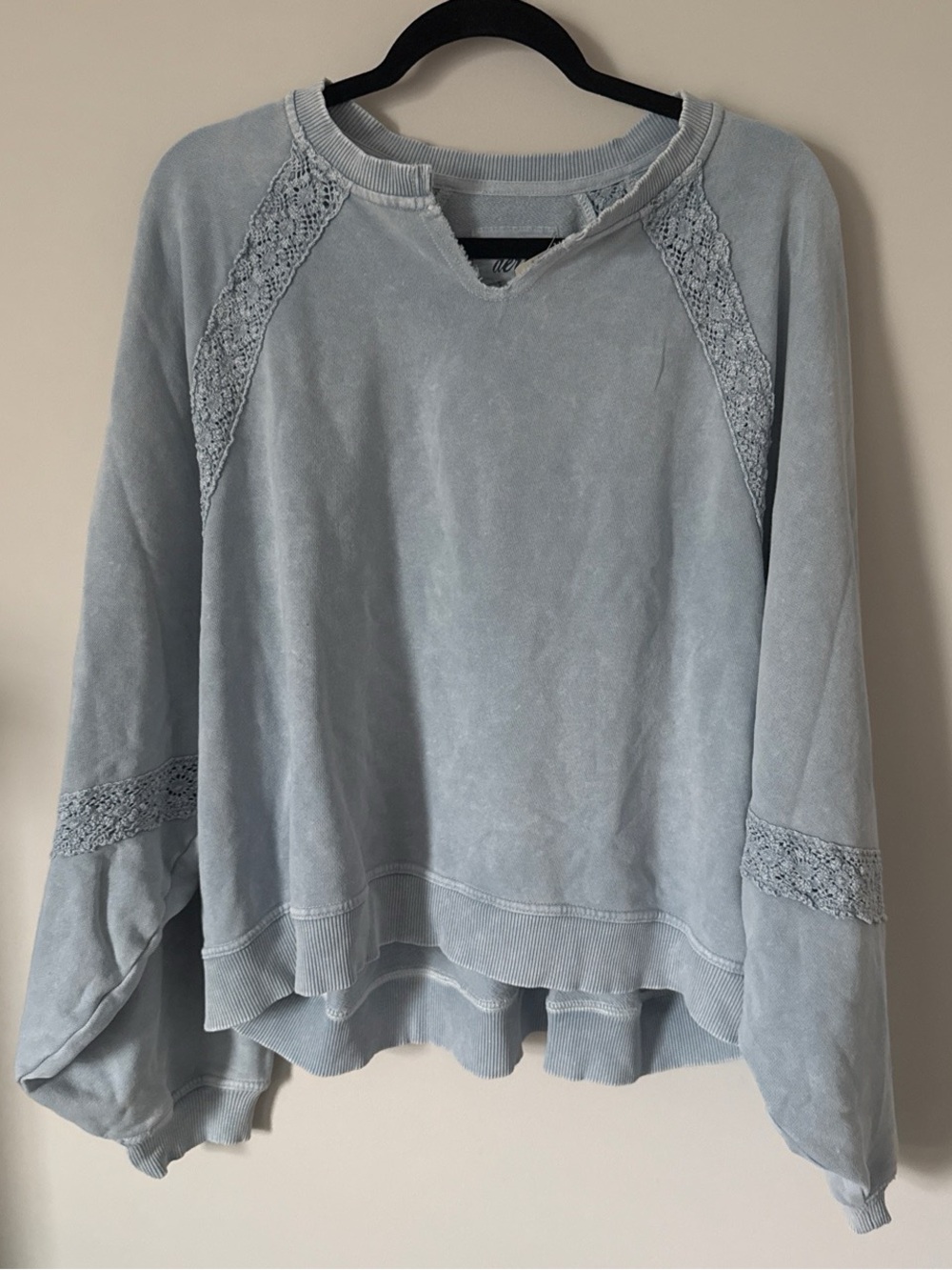 Aerie Hey Crochet Light Blue Lace-Trim Pullover Sweatshirt